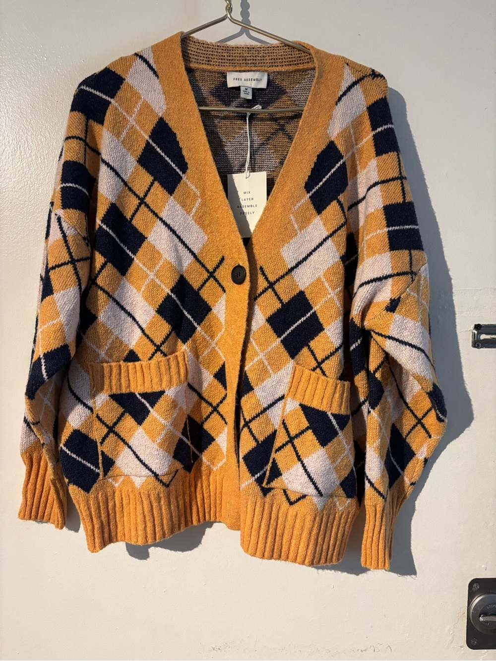 Free Assembly Argyle Cardigan Sweater Mustard Black White NWT Women’s M